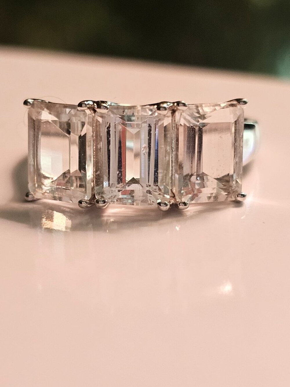 10K  White Gold  BBJ Emerald Cut  3 Stone Quartz Crystal Ring, size 8